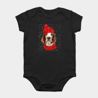 Welsh Springer Spaniel Wearing Red Hat And Scarf Christmas Baby Bodysuit